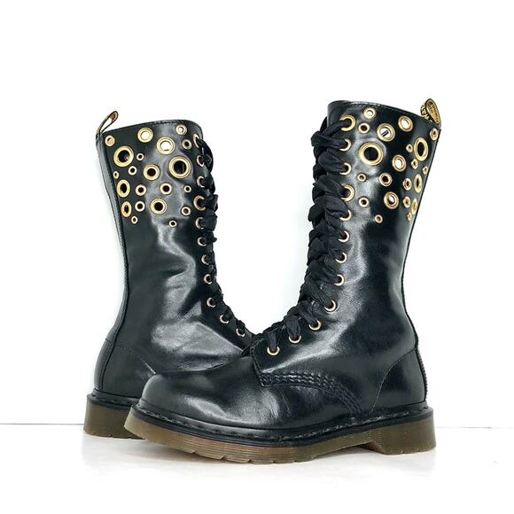 Dr. Martens Black Combat Boots with Gold Accents - Picture 2 of 11